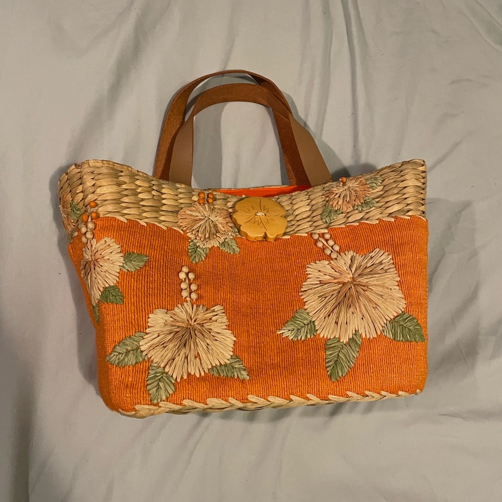 Orange Floral Woven Straw Purse - Picture 9 of 9